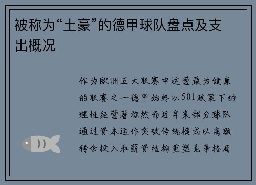 被称为“土豪”的德甲球队盘点及支出概况