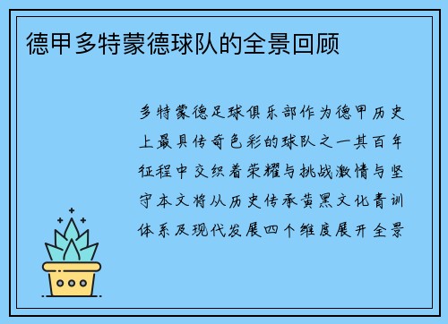 德甲多特蒙德球队的全景回顾