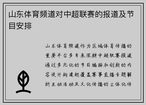 山东体育频道对中超联赛的报道及节目安排