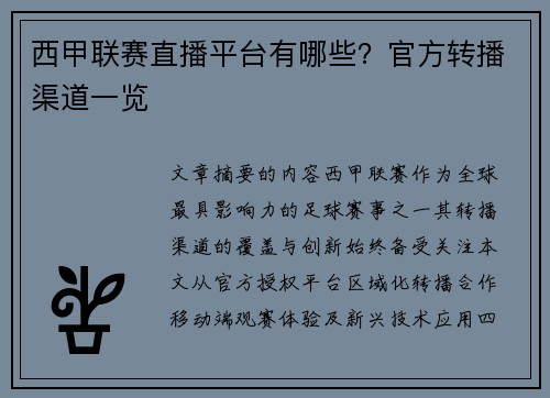 西甲联赛直播平台有哪些？官方转播渠道一览