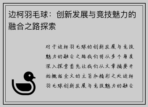 边柯羽毛球：创新发展与竞技魅力的融合之路探索