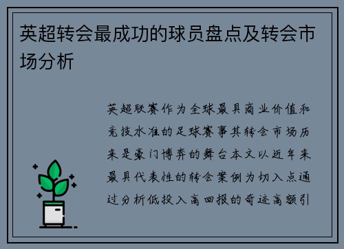英超转会最成功的球员盘点及转会市场分析