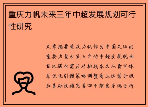 重庆力帆未来三年中超发展规划可行性研究
